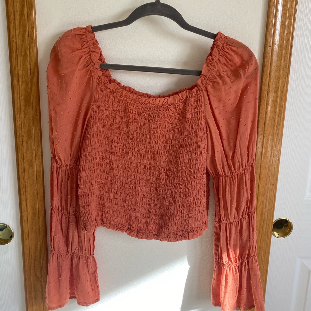 Large Wild Fable salmon crop top with puff sleeves!